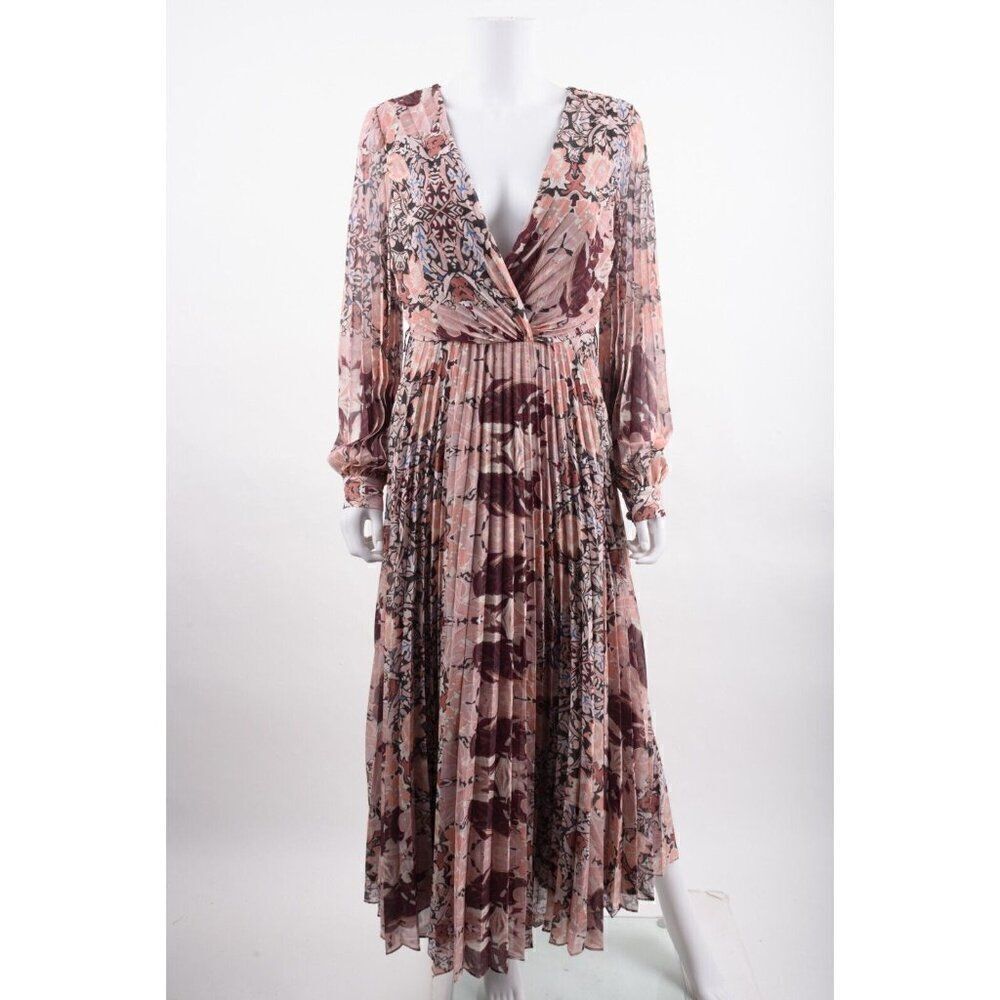 Badgley Mischka Womens Pleated Maxi Dress Sz 8 Multi-Color Pink Red Floral NWT